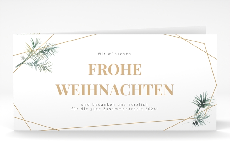 Geschäftliche Weihnachtskarte Edeltanne lange Klappkarte quer hochglanz mit Tannenzweigen und edlem Goldrahmen