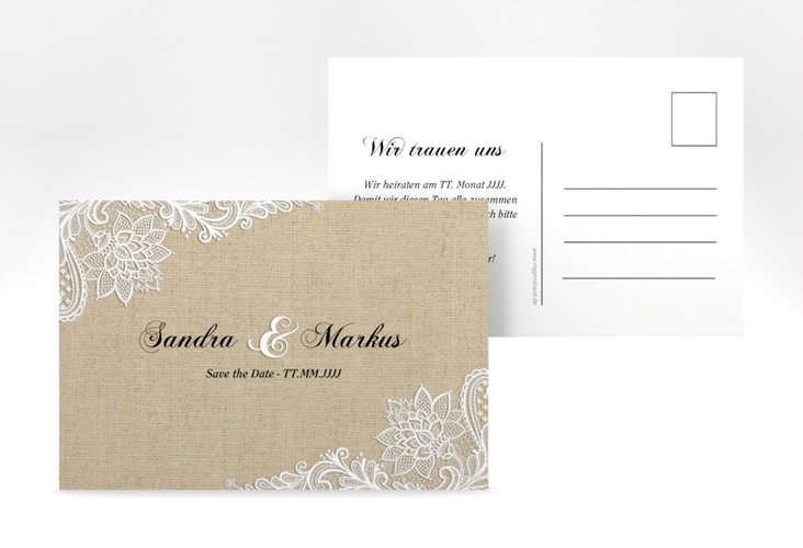 Save the Date-Postkarte Lace A6 Postkarte beige in Leinen-Optik mit weißer Spitze