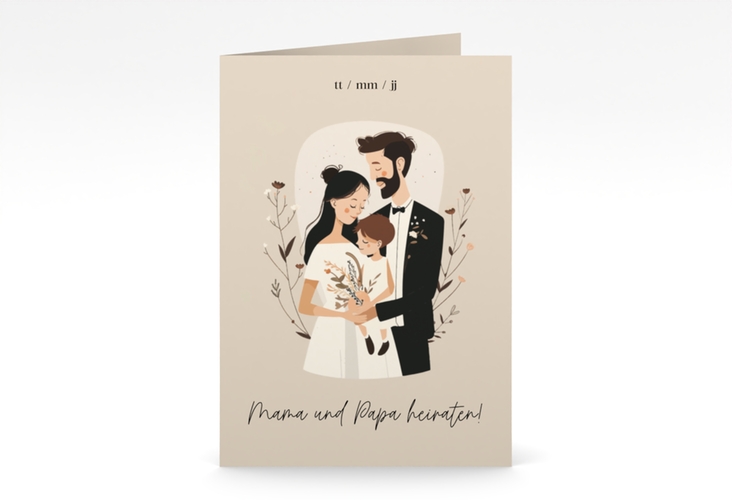 Einladungskarte Hochzeit Familienglück A6 Klappkarte hoch beige für Paare mit Kind