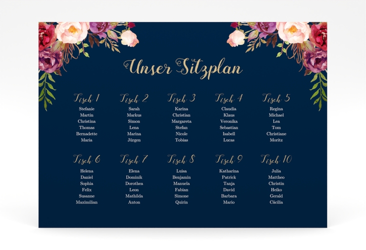 Sitzplan Poster Hochzeit Flowers 70 x 50 cm Poster blau mit bunten Aquarell-Blumen