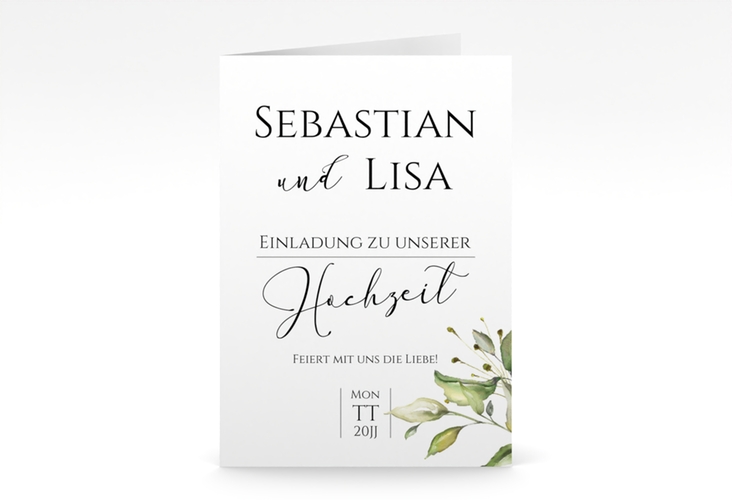 Einladungskarte Hochzeit Leaves A6 Klappkarte hoch weiss hochglanz