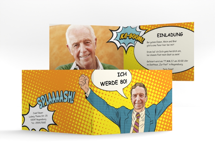 Einladung 80. Geburtstag Popart Man A6 Klappkarte quer