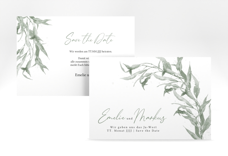 Save the Date-Karte Eucalyptus Green A6 Karte quer weiss