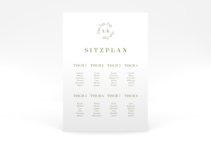 Sitzplan Poster Hochzeit Filigrana 50 x 70 cm Poster gruen in reduziertem Design mit Initialen und zartem Blätterkranz