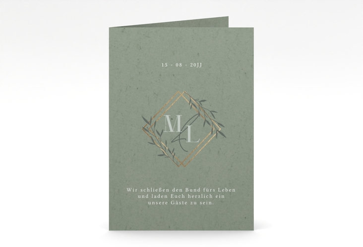 Hochzeitseinladung Greenletter A6 Klappkarte hoch hochglanz mit Initialen in elegantem Goldrahmen mit Blättern