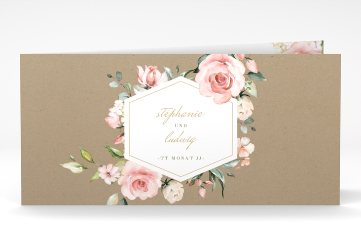 Hochzeitseinladung Graceful lange Klappkarte quer Kraftpapier mit Rosenblüten in Rosa und Weiß