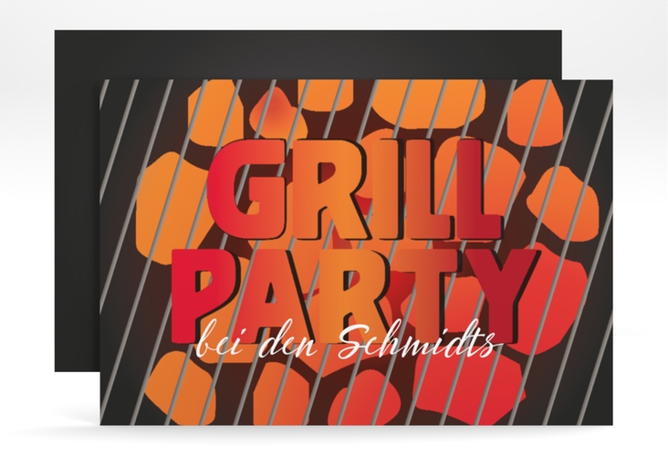 Party Einladungskarte Grillparty A6 Karte quer hochglanz mit glühender Kohle und Grillrost