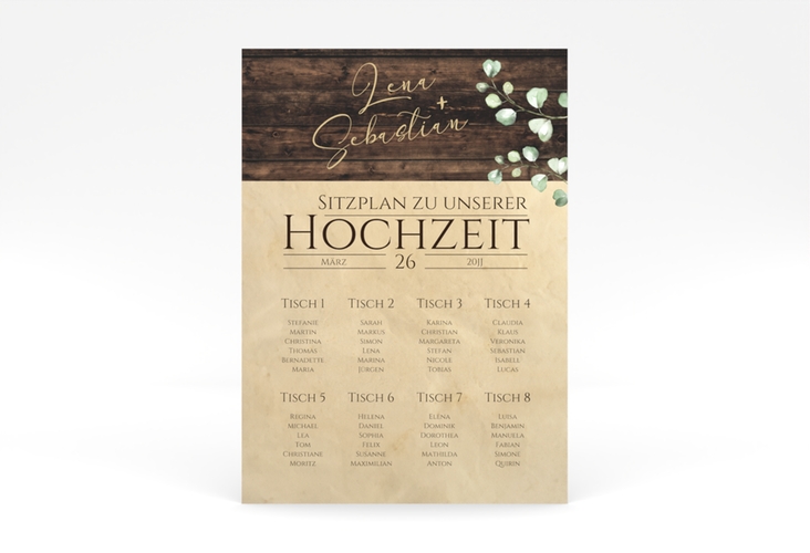 Sitzplan Poster Hochzeit Landhaus 50 x 70 cm Poster in Holz-Optik mit Eukalyptus