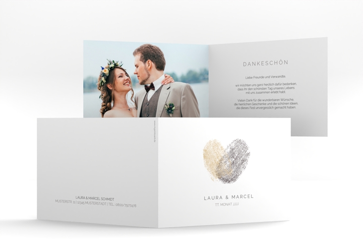 Dankeskarte Hochzeit Fingerprint A6 Klappkarte quer beige schlicht mit Fingerabdruck-Motiv