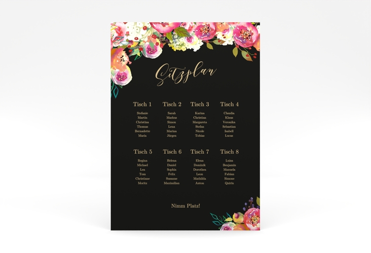 Sitzplan Poster Hochzeit Flowerbomb 50 x 70 cm Poster schwarz