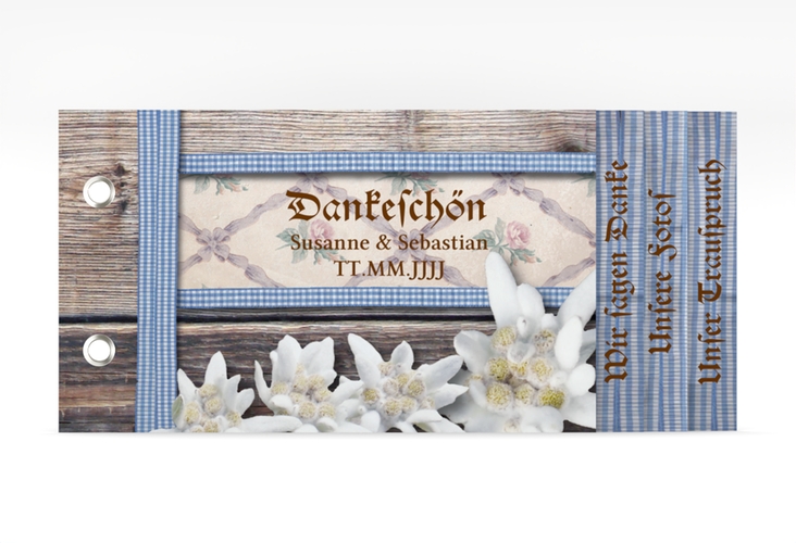 Danksagungskarte Hochzeit Bayern Booklet hochglanz mit Edelweiß in rustikaler Holz-Optik