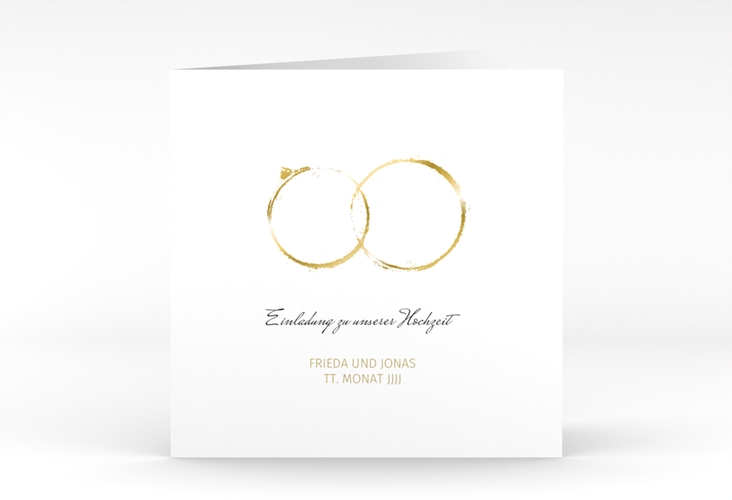 Hochzeitseinladung Trauringe quadr. Klappkarte gold hochglanz minimalistisch gestaltet mit zwei Eheringen