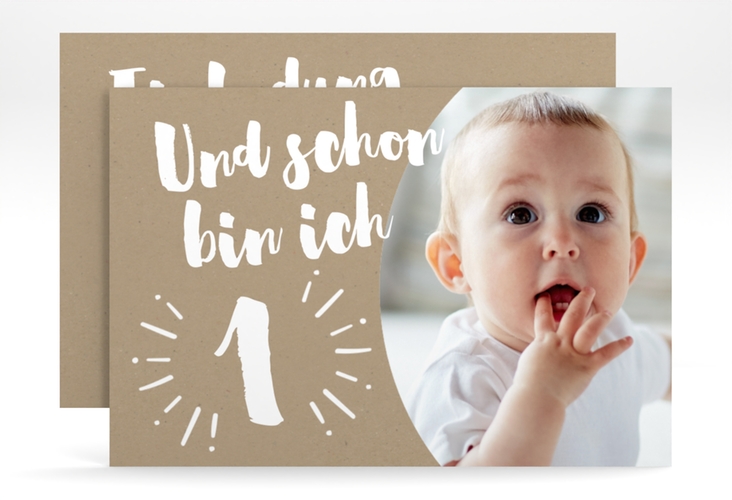 Einladungskarte Kindergeburtstag Yippie A6 Karte quer Kraftpapier hochglanz zum ersten Geburtstag mit Babyfoto