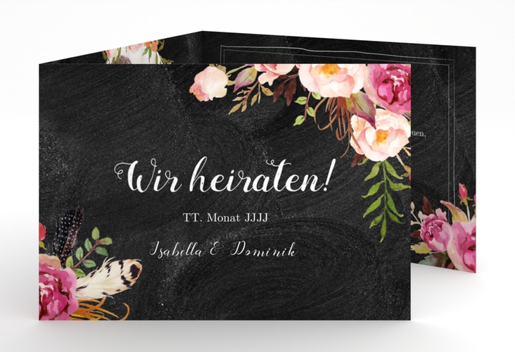 Hochzeitseinladung Flowers A6 Doppel-Klappkarte schwarz mit bunten Aquarell-Blumen