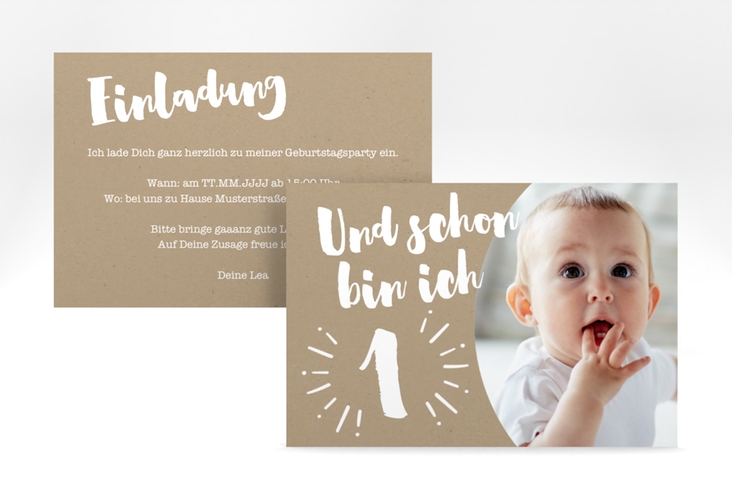 Einladungskarte Kindergeburtstag Yippie A6 Karte quer Kraftpapier hochglanz zum ersten Geburtstag mit Babyfoto