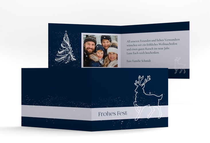 Weihnachtskarte Winterzauber A6 Klappkarte quer hochglanz mit Rentier und Sternenhimmel