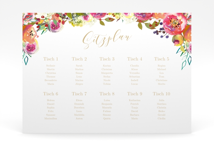 Sitzplan Poster Hochzeit Flowerbomb 70 x 50 cm Poster weiss