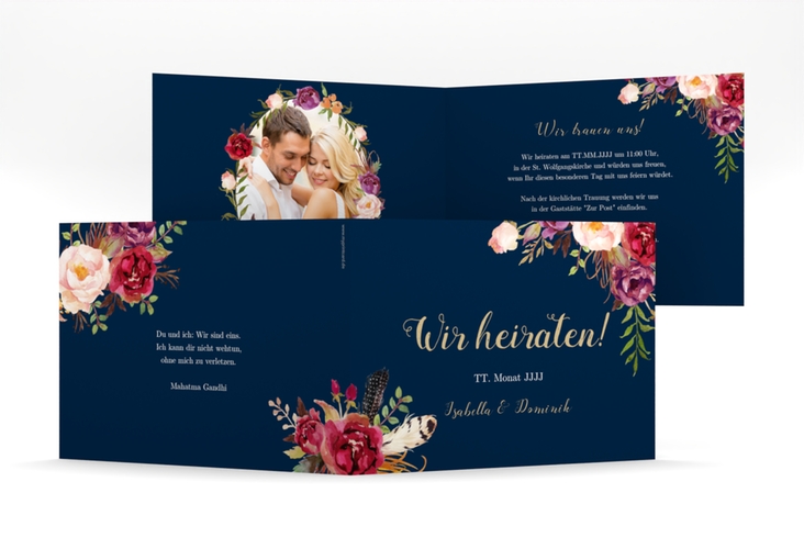 Hochzeitseinladung Flowers mittlere Klappkarte quer blau mit bunten Aquarell-Blumen