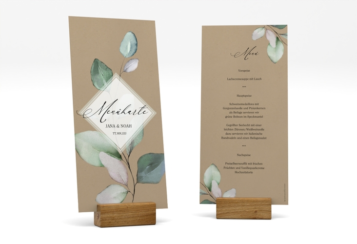 Menükarte Hochzeit Foglia lange Karte hoch Kraftpapier edel mit Eukalyptus im Aquarell-Design