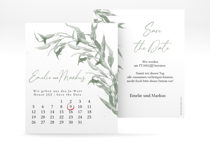 Save the Date-Kalenderblatt Eucalyptus Green Kalenderblatt-Karte weiss