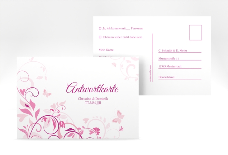 Antwortkarte Hochzeit Lilly A6 Postkarte pink