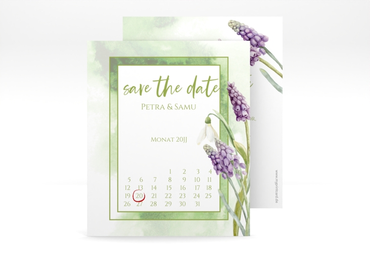 Save the Date-Kalenderblatt Frühling Kalenderblatt-Karte gruen mit Frühlingsblumen in Aquarell