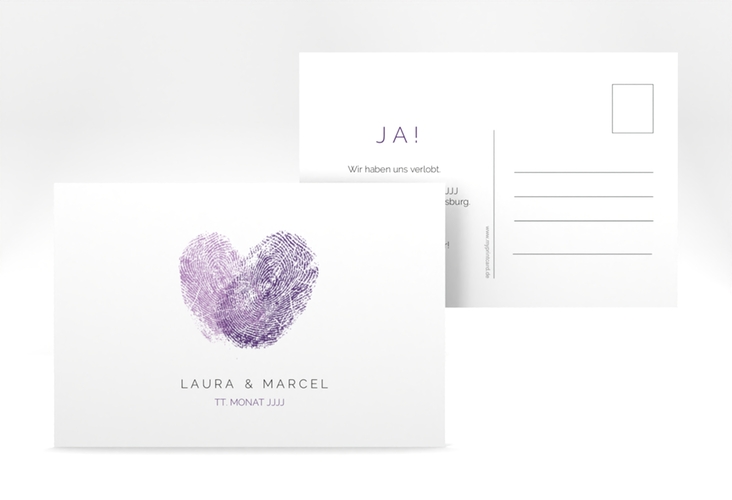 Verlobungskarte Hochzeit Fingerprint A6 Postkarte lila schlicht mit Fingerabdruck-Motiv