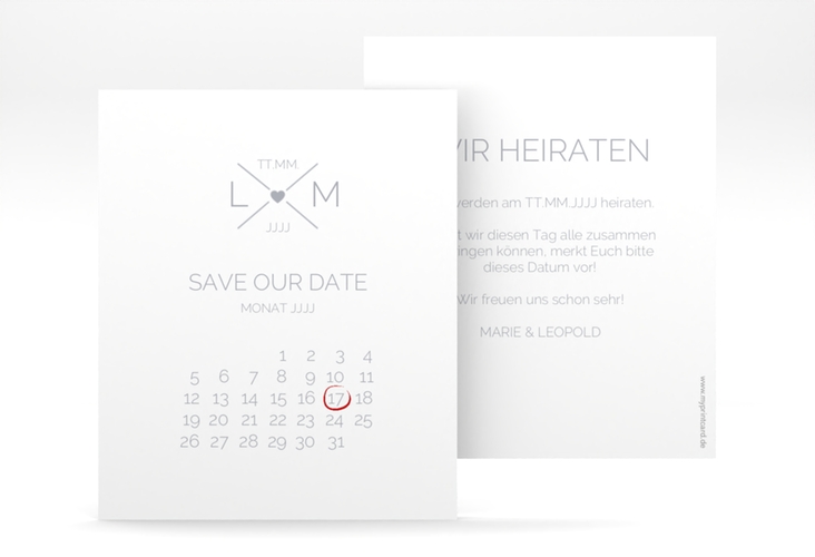 Save the Date-Kalenderblatt Initials Kalenderblatt-Karte grau mit Initialen im minimalistischen Design