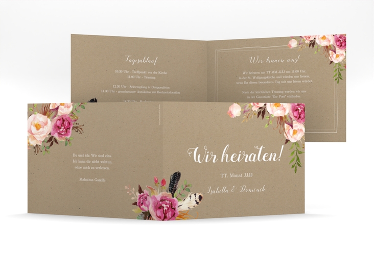 Hochzeitseinladung Flowers mittlere Klappkarte quer Kraftpapier mit bunten Aquarell-Blumen