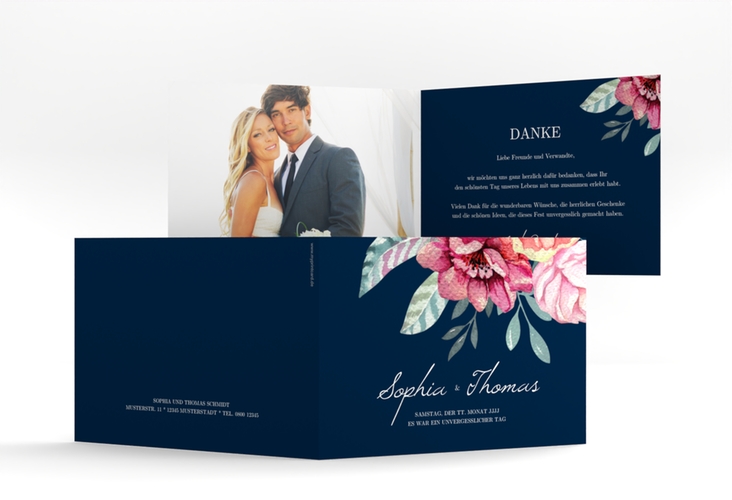 Dankeskarte Hochzeit Blooming A6 Klappkarte quer blau