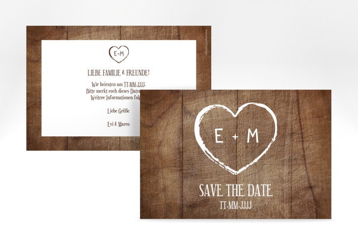 Save the Date-Karte Wood A6 Karte quer braun in Holz-Optik mit Herz und Initialen