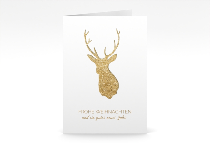 Business-Weihnachtskarte Deer A6 Klappkarte hoch und weiß mit Reh-Kopf