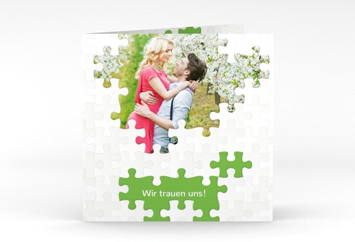 Hochzeitseinladung Puzzle quadr. Klappkarte gruen