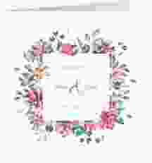 Hochzeitseinladung Blumenliebe quadr. Klappkarte weiss mit Rahmen aus bunten Blütenblättern