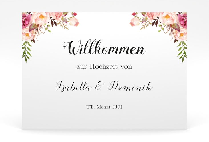 Willkommensschild Poster Flowers 70 x 50 cm Poster weiss mit bunten Aquarell-Blumen