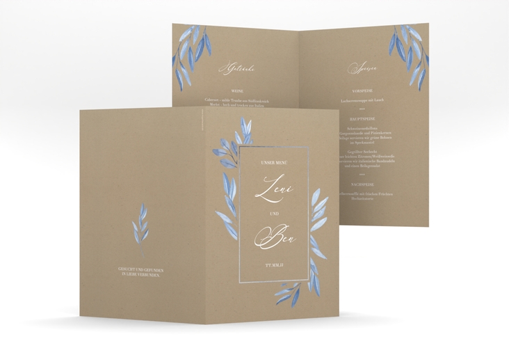 Menükarte Hochzeit Classicblue A5 Klappkarte hoch Kraftpapier