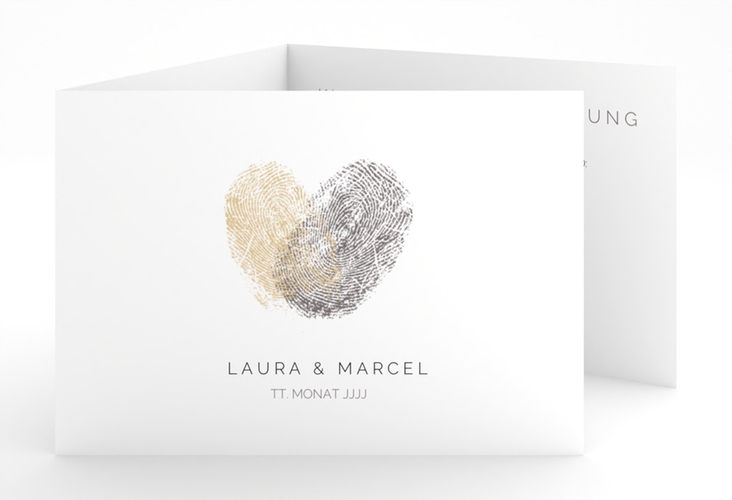 Hochzeitseinladung Fingerprint A6 Doppel-Klappkarte beige schlicht mit Fingerabdruck-Motiv