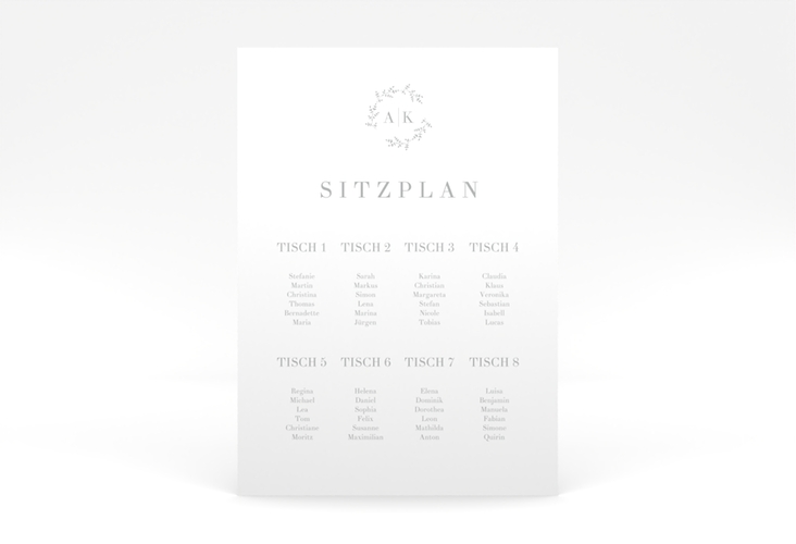 Sitzplan Poster Hochzeit Filigrana 50 x 70 cm Poster grau in reduziertem Design mit Initialen und zartem Blätterkranz