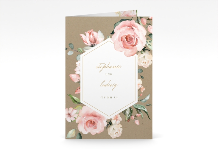 Einladungskarte Hochzeit Graceful A6 Klappkarte hoch Kraftpapier hochglanz mit Rosenblüten in Rosa und Weiß