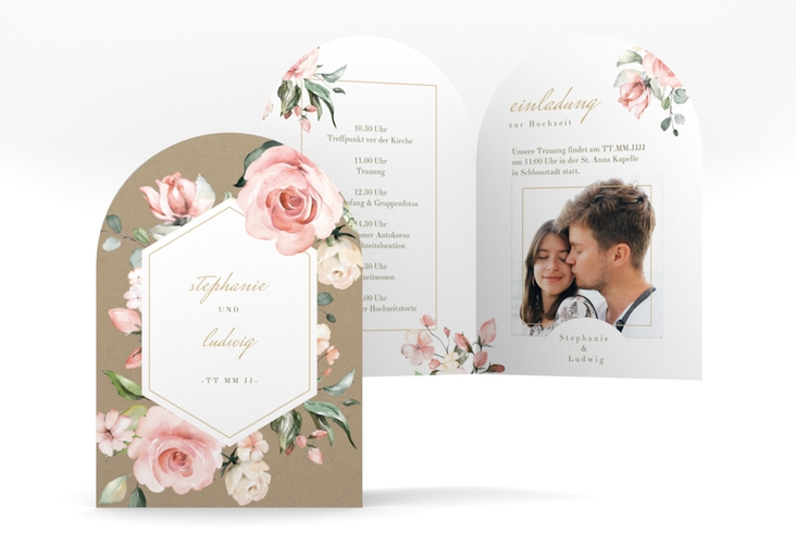 Einladungskarte Hochzeit Graceful A6 Bogen-Klappkarte + Foto mit Rosenblüten in Rosa und Weiß