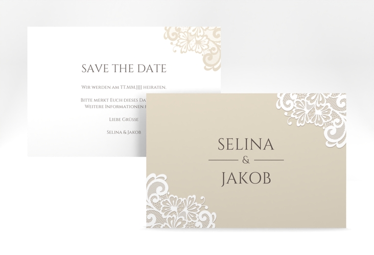 Save the Date-Karte Vintage A6 Karte quer beige mit floraler Spitze