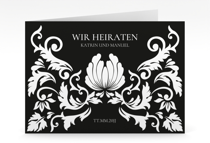 Hochzeitseinladung Royal mittlere Klappkarte quer schwarz hochglanz mit barockem Blumen-Ornament