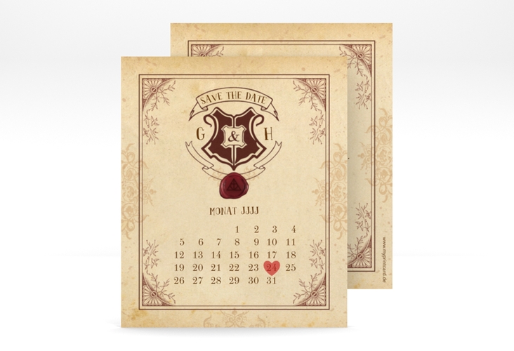 Save the Date-Kalenderblatt Zauberkunst Kalenderblatt-Karte beige hochglanz mit Fantasy-Wappen, Siegel und Zauberschule