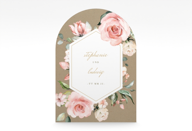 Einladungskarte Hochzeit Graceful A6 Bogen-Klappkarte + Foto Kraftpapier mit Rosenblüten in Rosa und Weiß