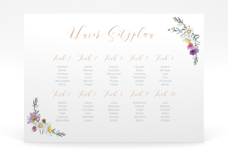 Sitzplan Poster Hochzeit Blumengarten 70 x 50 cm Poster mit Blumenkranz und Hummel