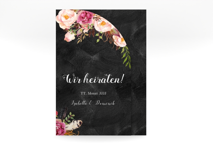 Hochzeitseinladung Flowers mittlere Bogen-Wickelfalzkarte schwarz mit bunten Aquarell-Blumen