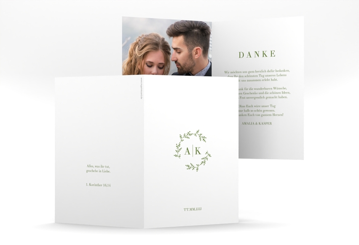 Danksagungskarte Hochzeit Filigrana A6 Klappkarte hoch gruen in reduziertem Design mit Initialen und zartem Blätterkranz