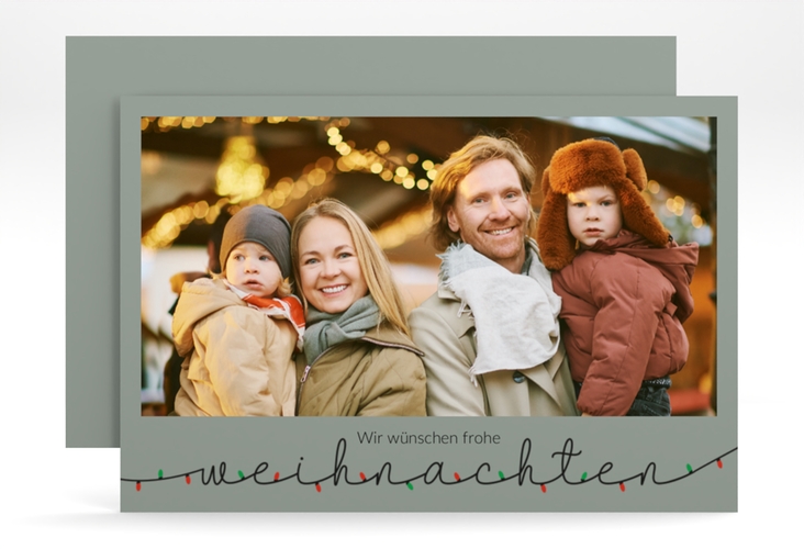 Weihnachtskarte Lichterketten Schrift A6 Karte quer gruen für Weihnachtsgrüße mit Familienfoto