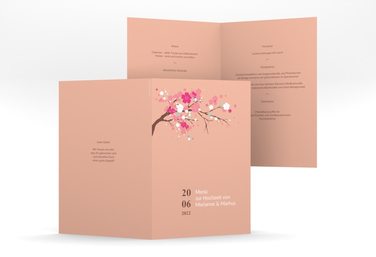 Menükarte Hochzeit Sakura A5 Klappkarte hoch apricot