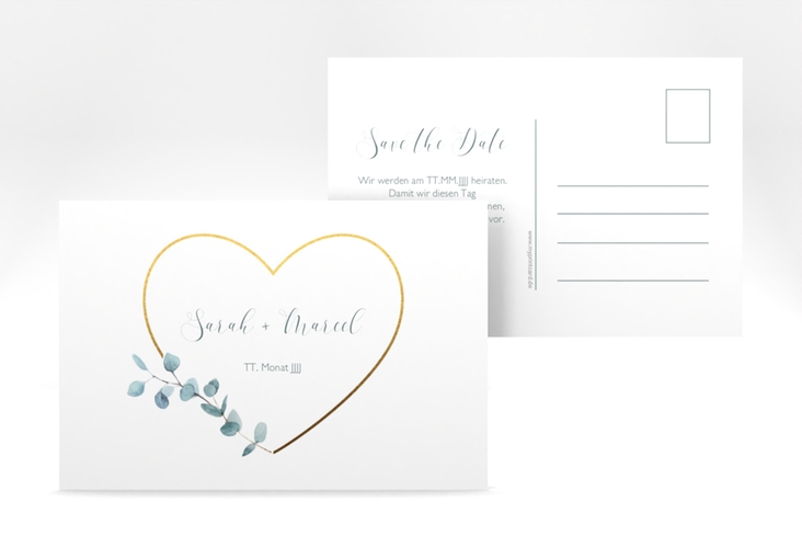 Save the Date-Postkarte Greenheart A6 Postkarte mit elegantem Herz und Eukalyptus-Zweig